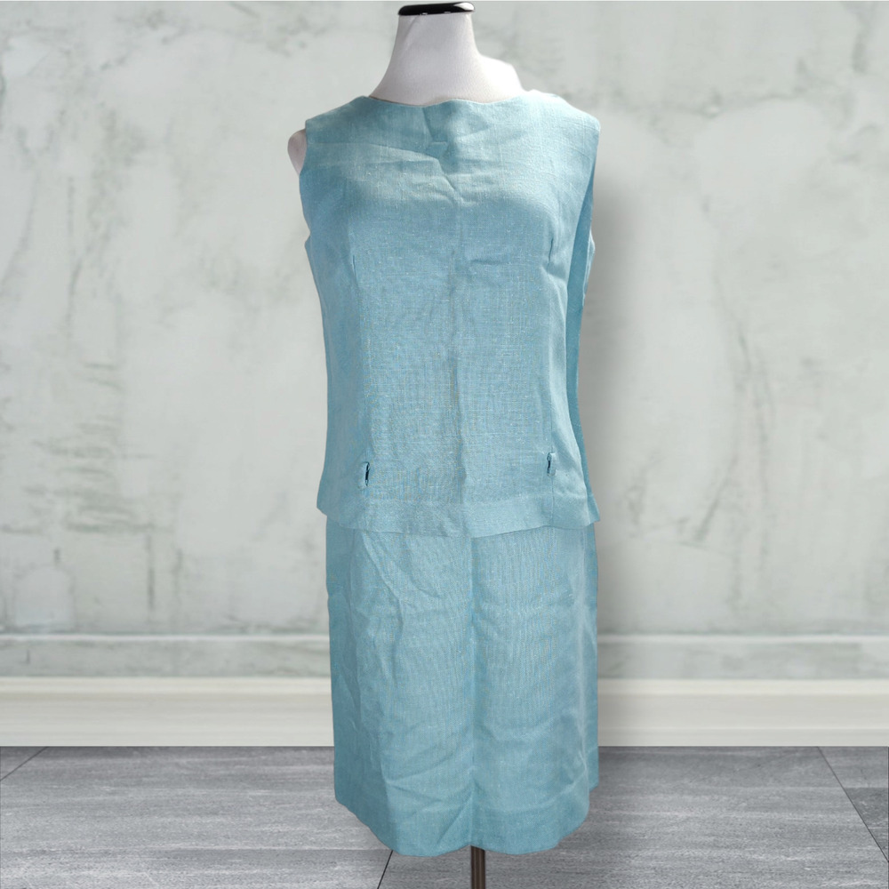 Vintage 60s Blue Linen Skirt Set Button Back Top Mod Matching Size 6 USA